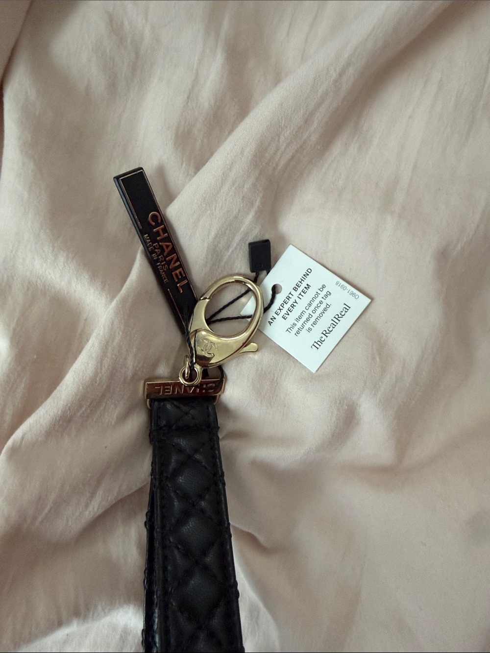 CHANEL Black Quilted Leather Key Strap with Gold Hardware